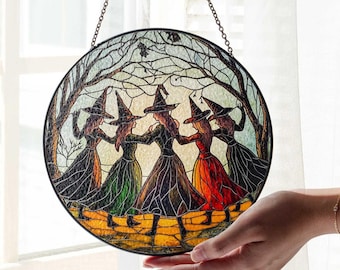 Vintage Mädchen werden Mädchen Hexe Sonnenfänger, lustige Hexe Vintage Fensterschmuck, Vintage Halloween Geschenk, Witchy Vibes Decor, Glasmalerei