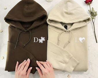 Custom Embroidered Sweatshirt, Heart and Puzzle Piece Couples Hoodie, Initial With Heart On Sleeve, Anniversary Gift, Valentines Day Gift