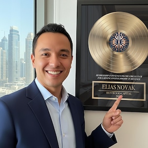 May include: A framed gold record award with the text "MEMBERSHIP INTO SEVEN FIGURE CIRCLE CLUB FOR EARNING OVER £1,000,000 IN REVENUE" and the name "ELIAS NOVAK". The award is displayed in a room with a window.
