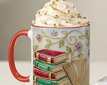 Stained-Glass Style Floral Bookshelf Mug, Book Lover Gift, Bookish Mug, Library Cup Accent Coffee Mug (11, 15oz)