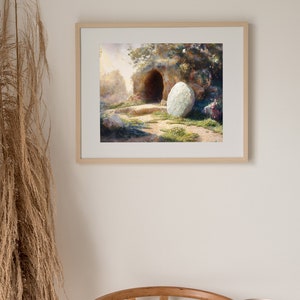 May include: A watercolor painting of a stone tomb with a large, round stone rolled away from the entrance. The tomb is set in a lush, green landscape with trees and flowers.