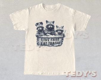 Live Fast Eat Trash 90s Style Graphic T-Shirt, Retro Raccoon Shirt, Trendy Funny Shirts, Adult Unisex Relaxed Shirt, Vintage Opossum T Shirt