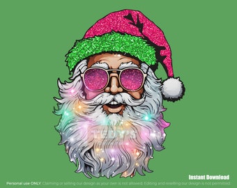 Santa with Sunglasses PNG Christmas PNG Cute Christmas Shirt Digital Design Cheerful Sparkly Glitter Christmas Lights Pink Santa PNG