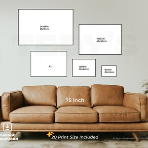 May include: A graphic showing 20 different print sizes for a photo or artwork, ranging from 8x10 inches to 24x36 inches. The graphic shows the print sizes displayed on a wall above a brown leather couch.