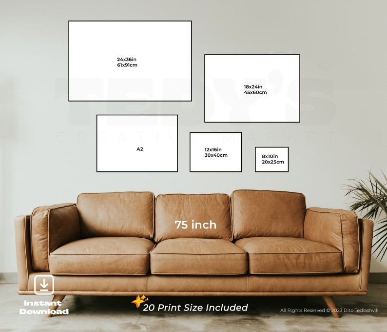 May include: A graphic showing 20 different print sizes for a photo or artwork, ranging from 8x10 inches to 24x36 inches. The graphic shows the print sizes displayed on a wall above a brown leather couch.