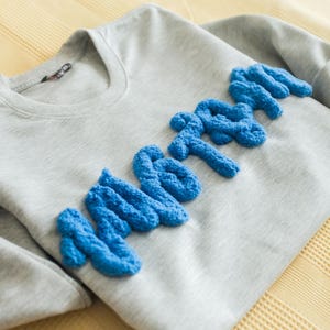 May include: A light gray crewneck sweatshirt featuring the word Amsterdam written in a raised, textured, bright blue yarn embroidery across the chest. The garment has long sleeves and a standard round neckline with a visible interior brand label.
