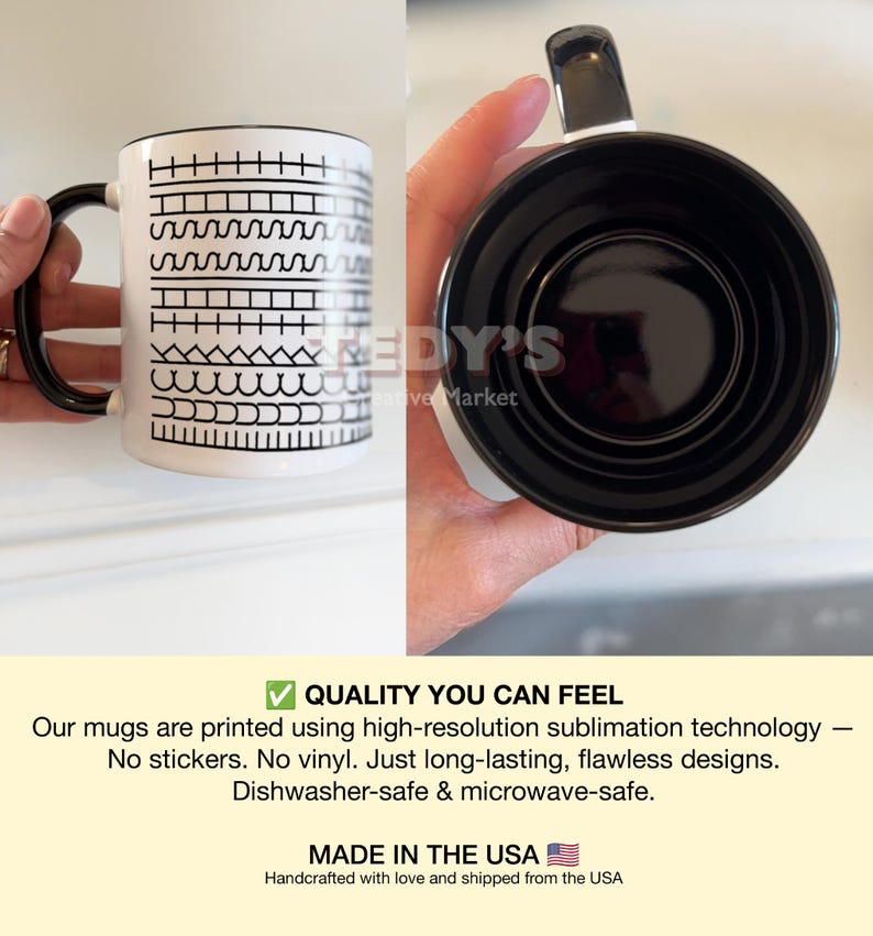 May include: White ceramic mug with a black handle and interior. The exterior features a repeating black geometric pattern. The mug is dishwasher and microwave safe. The text on the mug says "QUALITY YOU CAN FEEL" and "MADE IN THE USA".