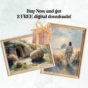 May include: Two framed paintings, one depicting a stone tomb with an open doorway and the other showing a person walking away from a small building in a field. A gift box with a yellow ribbon is in the upper left corner. The text "Buy Now and get 2 FREE digital downloads!" is at the top of the image.