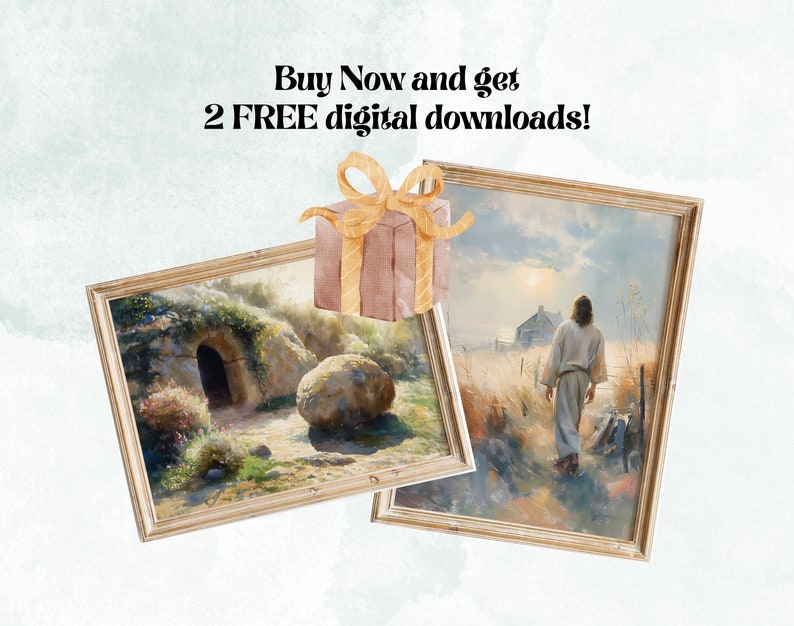 May include: Two framed paintings, one depicting a stone tomb with an open doorway and the other showing a person walking away from a small building in a field. A gift box with a yellow ribbon is in the upper left corner. The text "Buy Now and get 2 FREE digital downloads!" is at the top of the image.