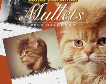 Funny 2026 Wall Calendar, Cat with Mullets, White Elephant Gift for adults, 2026 Monthly Calendar, Gag Gift Co workers, Christmas Humor gift