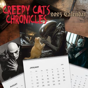 Creepy Cats 2025 Wall Calendar, Gift for Horror Film Fans, Secret Santa Gift for Scary Movie Lovers, Christmas Gift for Cat & Horror Lovers