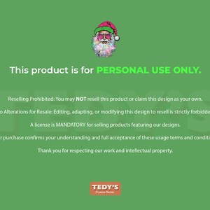 Op de afbeelding: Een groene achtergrond met de tekst "This product is for PERSONAL USE ONLY." Een illustratie van de kerstman met een zonnebril en een roze hoed staat bovenaan. De tekst vermeldt ook dat wederverkoop verboden is en dat een licentie verplicht is voor commercieel gebruik.