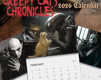 Creepy Cats 2026 Wall Calendar, Gift for Horror Film Fans, Secret Santa Gift for Scary Movie Lovers, Christmas Gift for Cat & Horror Lovers
