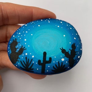 Hand-Painted Desert Rock: Night Sky Cactus Paperweight