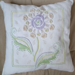 Decorative Hand Embroidered Crewel Throw Pillow with Flower