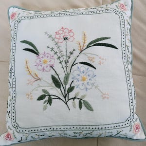 Hand Embroidered Floral Crewel Pillow