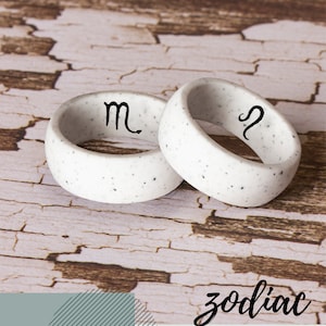 Anillo de boda de silicona blanca: anillo no metálico con grabado del signo del zodíaco