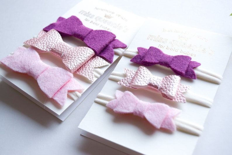 Mauve Pink Color Combo Leather and Felt Two Sizes Available Girls Headbands Nylon Headbands Baby Headbands GIRLS HEADBAND 3 PACK