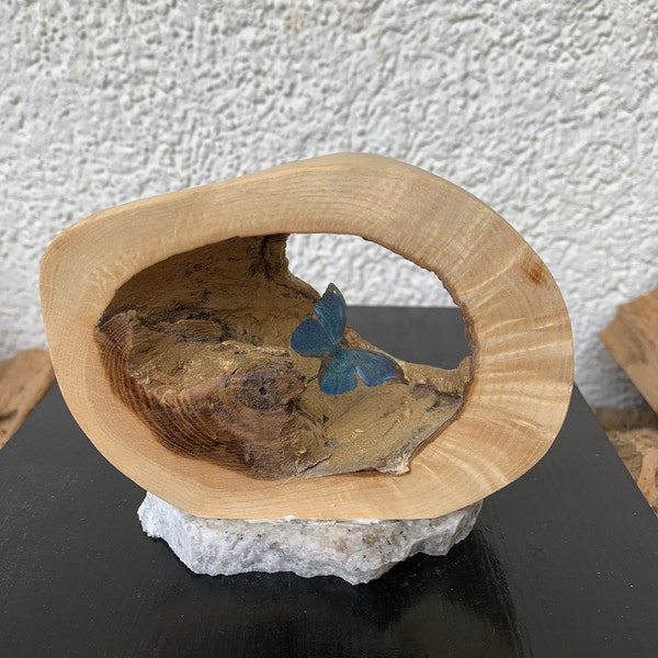 Holzring  aus Fundholz  mit blauem Schmetterling ,  Einzelstück als Blickfang für die Fensterbank