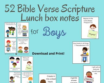 52 Bible Lunch Box Notes for Boys, Lunchbox Notes with Bible Verses, Love Notes for Kids, Daily Encouragement, Scripture Cards Printable