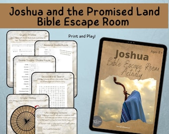 May include: A printable Bible escape room activity for ages 8 and up, featuring Joshua and the Promised Land. The activity includes a variety of puzzles and games, such as a word search, a double puzzle, and a circular thinking game. The activity is designed to help children learn about the Bible story of Joshua and the Promised Land.