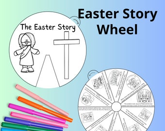 Könnte beinhalten: Schwarzweißes druckbares Ostergeschichtenrad mit einem Bild von Jesus am Kreuz und einem Rad mit acht Abschnitten, die Szenen aus der Ostergeschichte darstellen. Der Text "The Easter Story Wheel" befindet sich oben im Bild.
