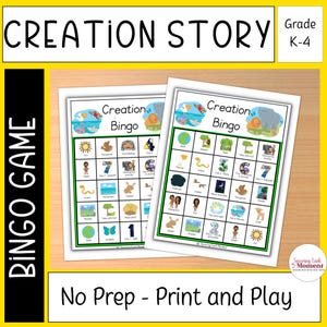 Tarjetas de bingo de los 7 días de la Creación, Juego de lección sobre la historia bíblica de la Creación, Juego de bingo bíblico para niños, Juego de escuela dominical, Juego bíblico sobre la historia de la Creación