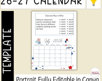 26-27 School Year Calendar Editable Portrait Canva Template, Academic Planner, July 26 - June 27 2026-2027, Fully Editable, Monthly Calendar
