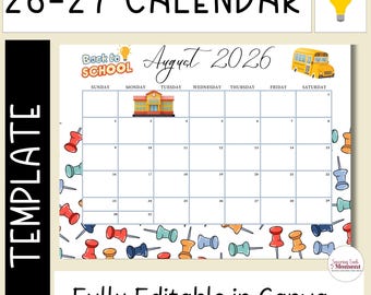26-27 School Year Calendar Editable Canva Template, Academic Planner, July 26 - June 27, Fully Editable, 2026-2027, Monthly Office Calendar