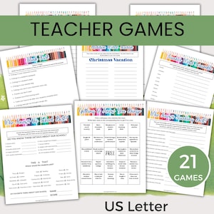 May include: A collection of printable teacher games on white paper, featuring colourful pencil borders. Titles include Think Fast, Hidden Word Search, Teacher Word Scramble, Who Knows the School Best, Getting to Know You Bingo, and Who Knows Teaching Best.