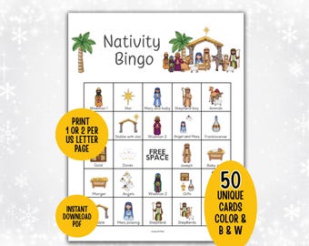 Puede incluir: Un juego de bingo del Nacimiento imprimible con 50 cartas únicas en color y blanco y negro. El juego presenta ilustraciones de personajes y símbolos del Nacimiento, con el texto "Nativity Bingo". Incluye el texto "Print 1 or 2 per US Letter Page".