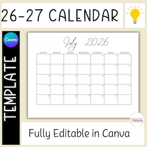 Minimalist 26-27 School Year Calendar Editable Canva Template, Academic Planner, July 26 - June 27, 2026-2027 Editable Monthly Calendars