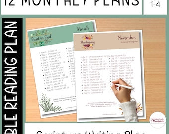 12 Month Scripture Writing Plan Monthly Bible Reading Plan Printable Bible Writing Scripture Writing Bible Study Journal Bible Reading Plan