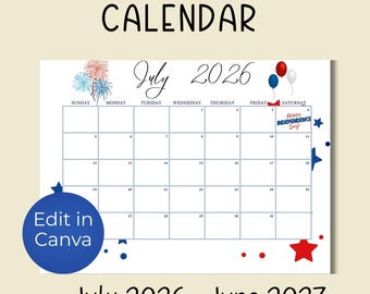26-27 School Year Calendar, Editable Canva Template, Academic Planner, July 26 - June 27, Preschool Calendar, Daycare Monthly Calendars
