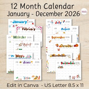 Plantilla editable de Canva para el calendario mensual 2026 (enero-diciembre), planificador para el aula, calendario de pared para la educación en casa y calendarios de guardería.