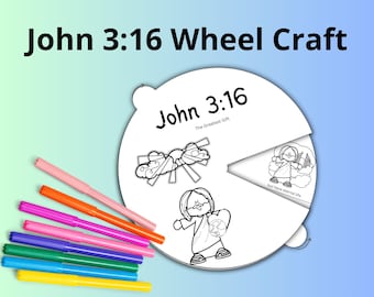 John 3:16 Sunday School Craft, Coloring Wheel, Printable Bible Activity, Kids Bible Lesson, Memory Game, The Good News, Spinner Craft