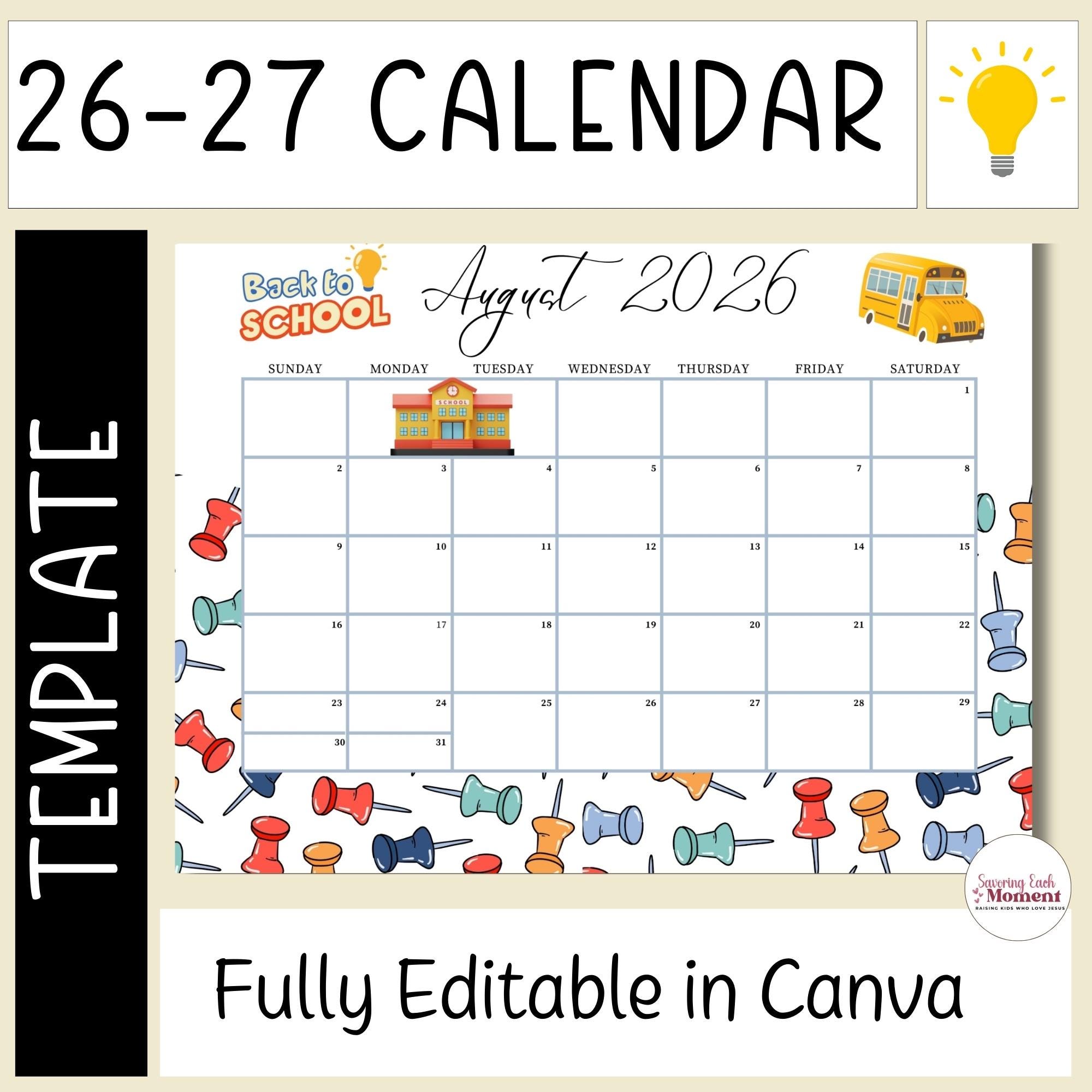 26-27 School Year Calendar Editable Canva Template, Academic Planner ...