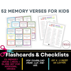 52 versículos para memorizar para niños, versículos bíblicos para memorizar, tarjetas de las Sagradas Escrituras para niños, tarjetas con versículos bíblicos para niños, tarjetas didácticas con versículos bíblicos