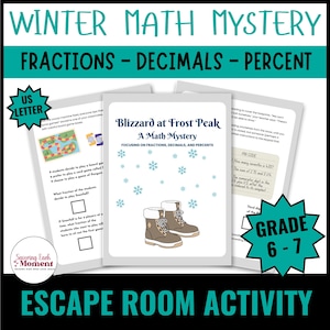 Könnte beinhalten: Ein Mathe-Arbeitsblatt mit dem Titel "Winter Math Mystery", das sich auf Brüche, Dezimalzahlen und Prozentsätze konzentriert. Das Bild zeigt ein Buchcover für "Blizzard at Frost Peak", eine Escape-Room-Aktivität für die Klassen 6-7.