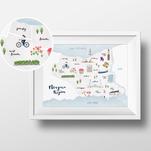 Niagara Region illustrated map, Niagara Canada map, Niagara Falls wall art