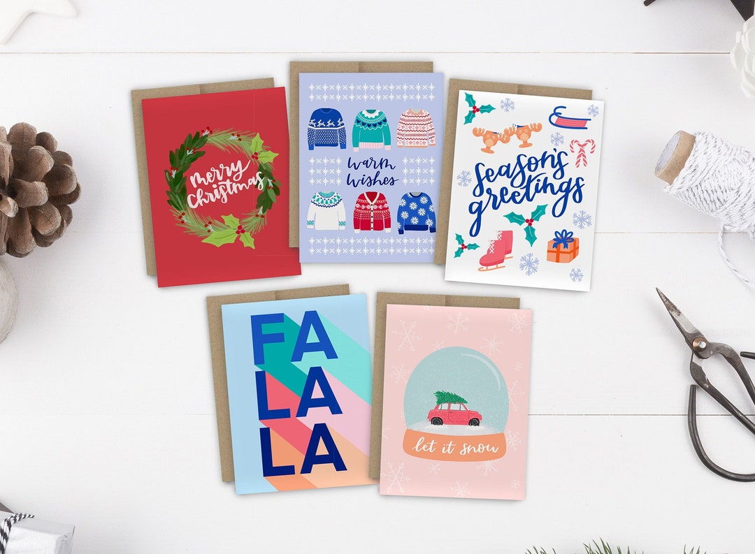 Colourful Holiday Card Set, Pack of 5 or 10, Christmas Cards Boxed Set, Assorted Christmas Card