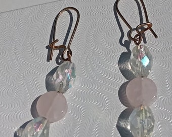 Crystal and Rose quartz Drop Earrings