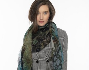 Designer Merino Wool Scarf - THE SWIM - Oversized Square Wool Shawl,  Luxury Scarf for Women,  - Sydney Australia lightweight scarf