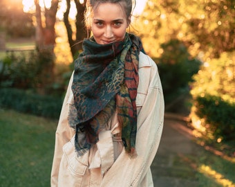 Printed Wool Scarf - WAYFARER - Oversized Square Merino Wool Shawl, Luxury winter Scarf for Women, Designer Scarf Australia
