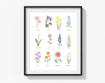 Birth Flower Art Print All Months, Birth Month Flower Wall Art, Nursery Decor, Botanical Art, Watercolor Flowers