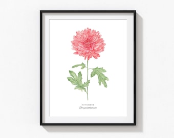 Chrysanthemum Art Print, Personalized November Birth Flower Print, Watercolor Chrysanthemum, Custom Baby Gift, Birth Flower Wall Art