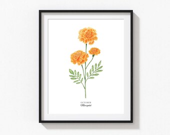 Marigold Art Print, Personalized October Birth Flower Print, Watercolor Marigold, Custom Baby Gift, Birth Flower Wall Art