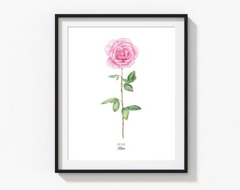 Rose Art Print, Personalized June Birth Flower Print, Watercolor Rose, Custom Baby Gift, Birth Flower Wall Art