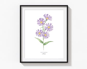 Aster Art Print, Personalized September Birth Flower Print, Watercolor Aster Print, Custom Baby Gift, Birth Flower Wall Art