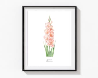 Gladiolus Art Print, Personalized August Birth Flower Print, Watercolor Gladilous, Custom Baby Gift, Birth Flower Wall Art